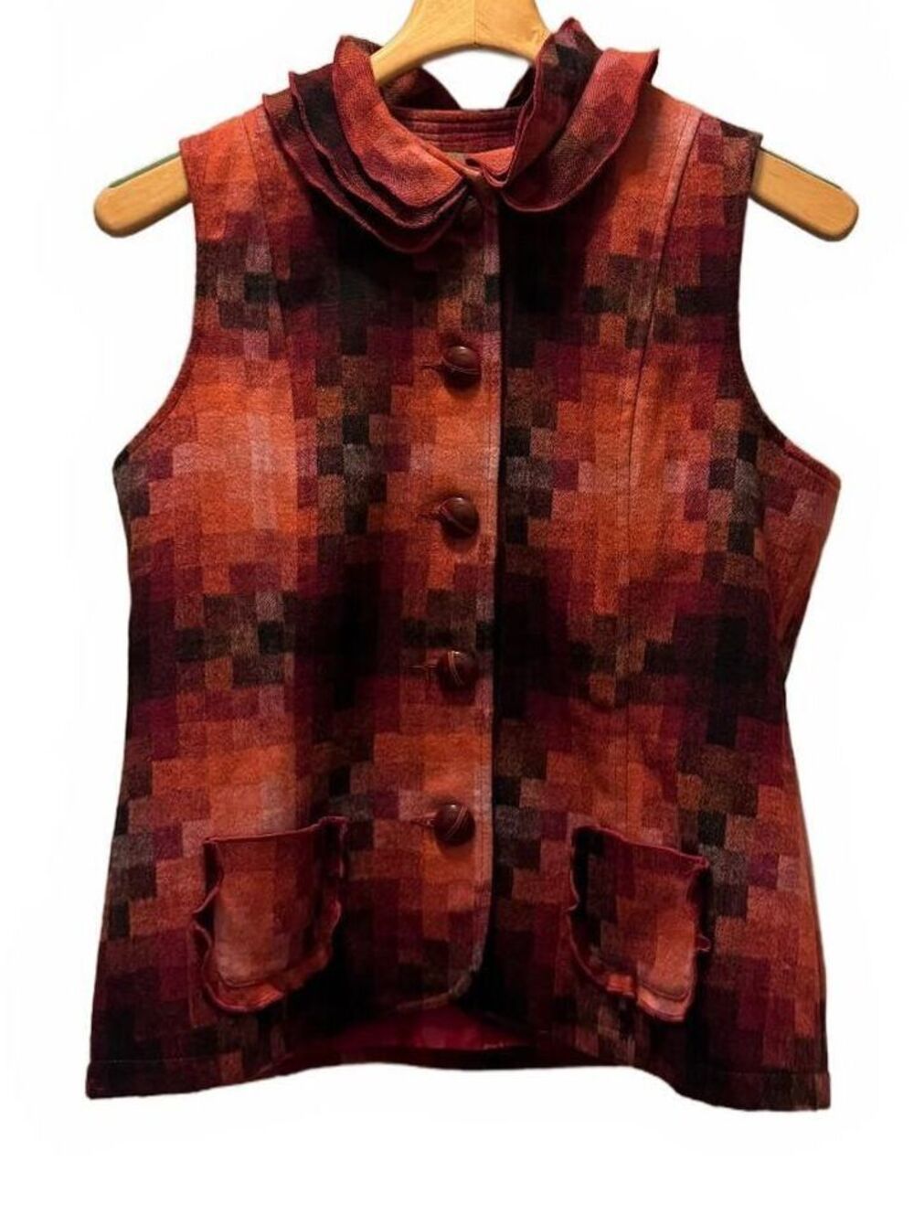 Venario Vest Women's Wool Blend Button Front Burgundy Plaid Pockets M Medium